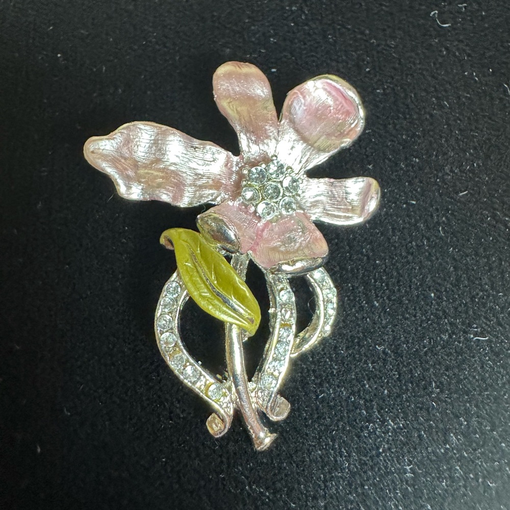 Vintage rhinestone, embellished, pink enameled flower brooch